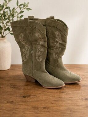 Olive Suede Western Embroidered Heeled Boots